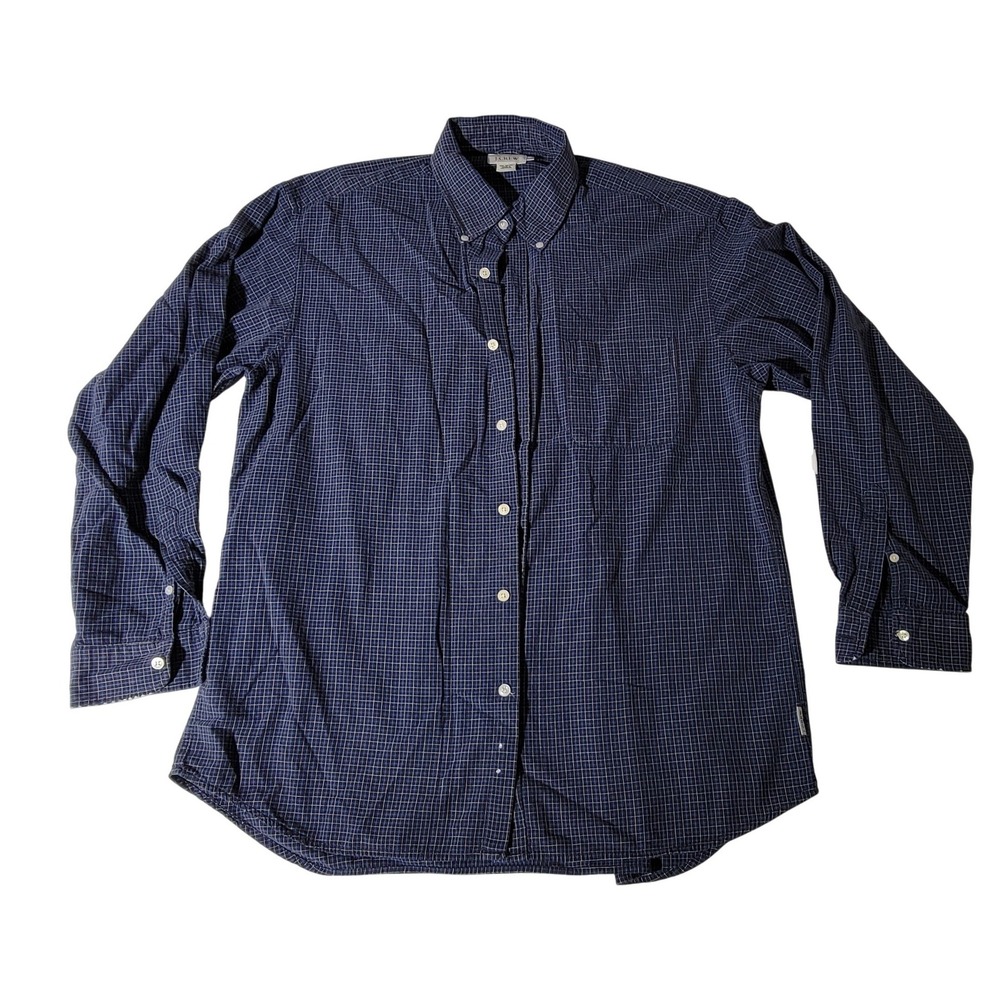 J.Crew Mens Navy Blue Micro Check Cotton Button Down Shirt Large Long Sleeve